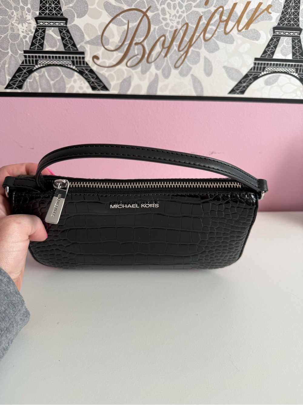 Michael Kors Black Croc-Embossed Mini Top-Handle Bag - Picture 5 of 7
